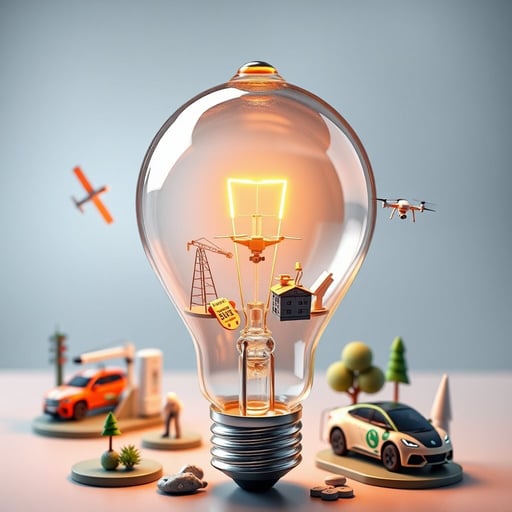 An AI concept image of a bulb with lots of examples of tech circulating around it