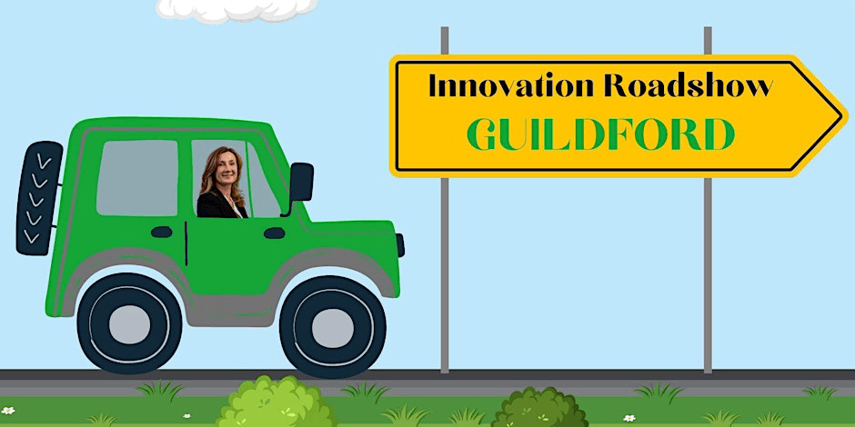 A cartoon image of a green Land Rover driving towards a sign that say Guildford